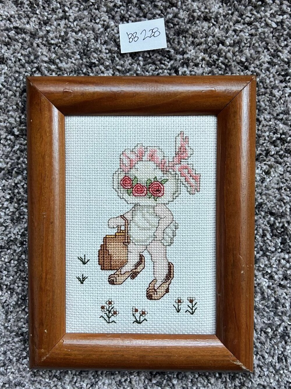 Cross Stitch Piece Finished Framed Little Girl Roses Bows Dress Up Decor 7"x9"